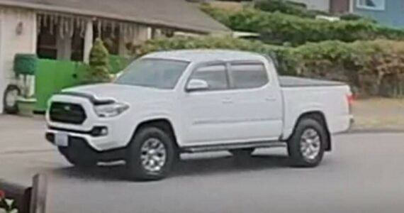 Bremerton police courtesy photo
Camera footage shows the white Toyota Tacoma that Bremerton police are searching for.