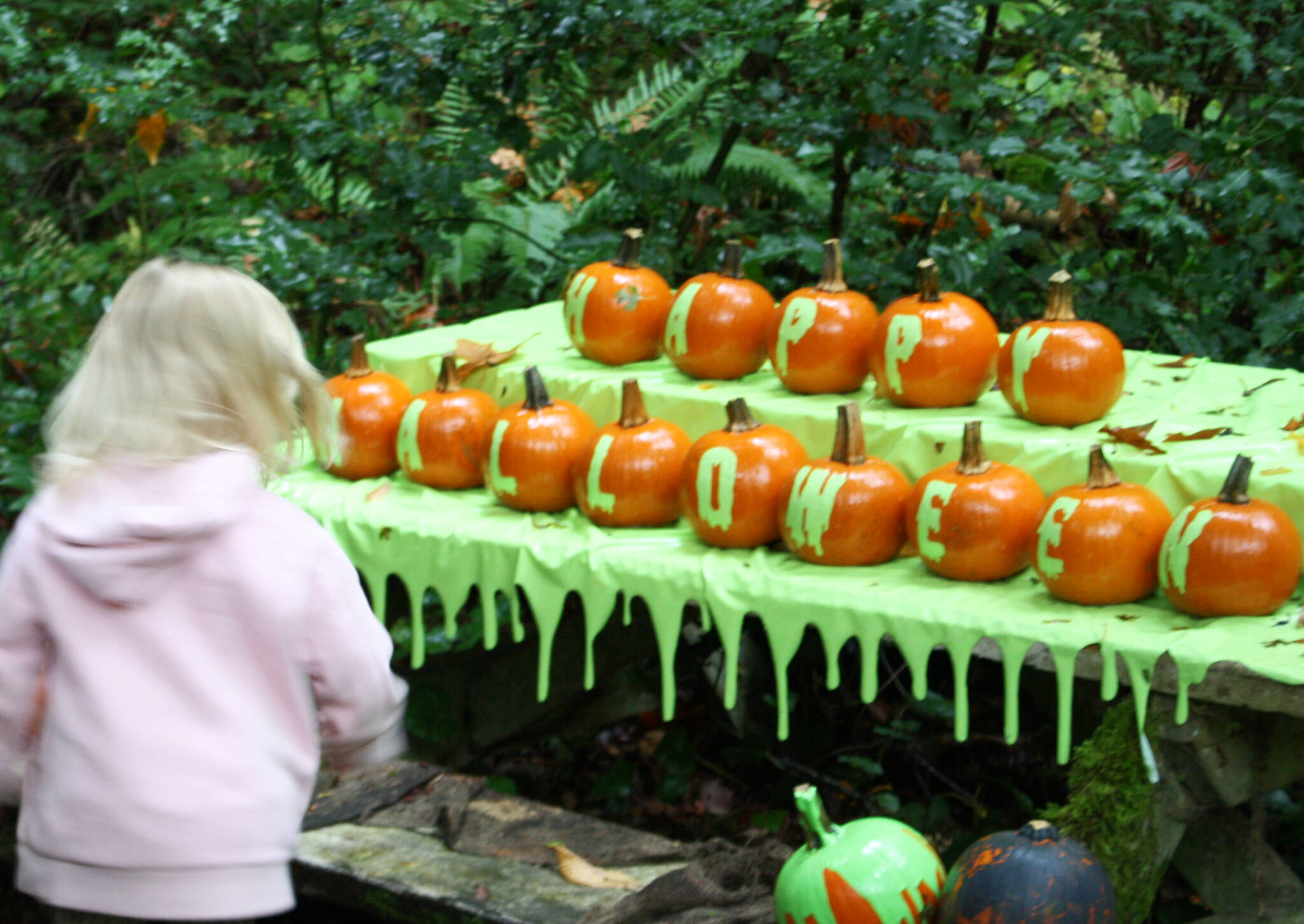 An arrangement wishing visitors a ‘Happy Halloween’ closes off the trail.