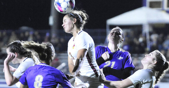 Michael Dashiell/Sequim Gazette courtesy photo
Kingston’s Kate Collins gets her head on the ball in the first half of a Buccaneer 3-2 overtime win in Sequim Oct. 8.