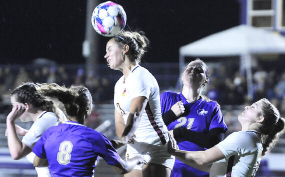 Michael Dashiell/Sequim Gazette courtesy photo
Kingston’s Kate Collins gets her head on the ball in the first half of a Buccaneer 3-2 overtime win in Sequim Oct. 8.