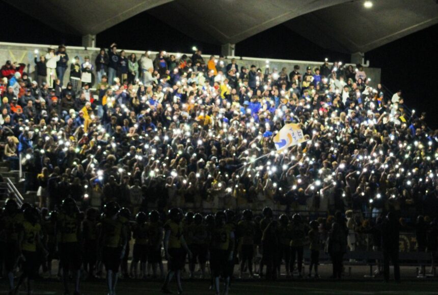 <p>Elisha Meyer/Kitsap News Group photos</p>
                                <p>The Bainbridge High School student section helps illuminate the night in the first of two light outage delays in an Oct. 18 gave vs. North Kitsap.</p>