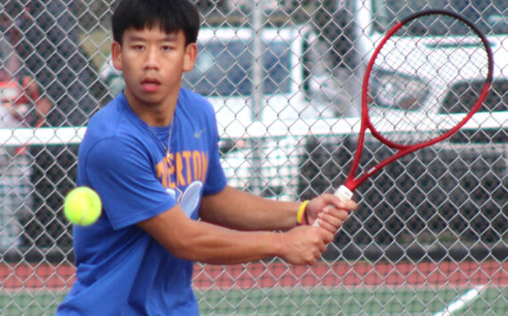 Elisha Meyer/Kitsap News Group photos
Bremerton’s Joseph Cao prepares to hit a backhand in his league semifinal match.