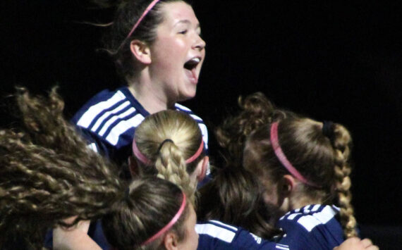 Elisha Meyer/Kitsap News Group photos
Spartan players celebrate after Magda Rufo-Hill scores the only goal of the match to win 1-0 over North Kitsap Oct. 29.