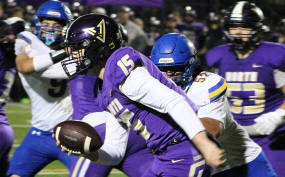 NK junior quarterback Dawsyn Anderson takes the ball toward the sideline in a first-half scramble away from Bremerton pressure.