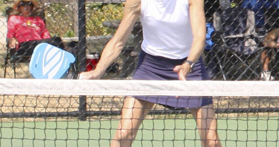 Molly Hetherwick/Kitsap News Group
A pickleball player lines up for a return at the Founder’s Tournament in August.