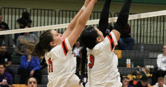 Elisha Meyer/Kitsap News Group
Central Kitsap’s Macy Holyoak, left, and Elliana Smith go up for a block against North Thurston in their district title match Nov. 16.