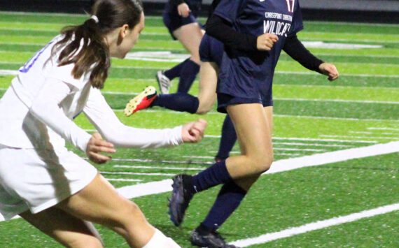 Elisha Meyer/Kitsap News Group
Crosspoint eighth-grader Rylie Phillips tracks a ball kicked by Mount Vernon in the first half of a state semifinal contest.