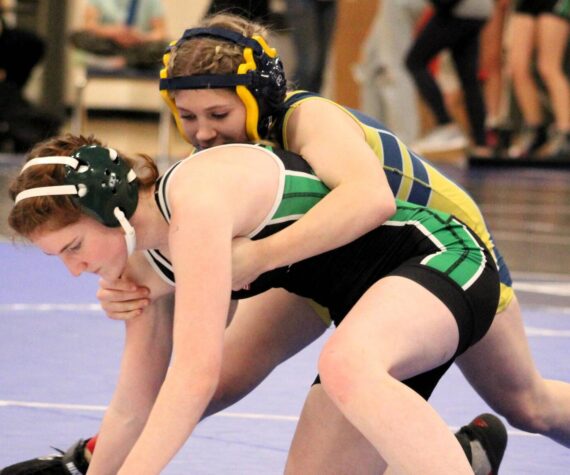 Elisha Meyer/Kitsap News Group photos
Klahowya’s Kaliani Fultz works to try an escape a takedown from her opponent.