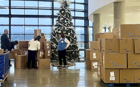 Britney Fletcher-West/Kitsap News Group photos
Volunteers stack boxes of donated toys to be given out at a local hospital.