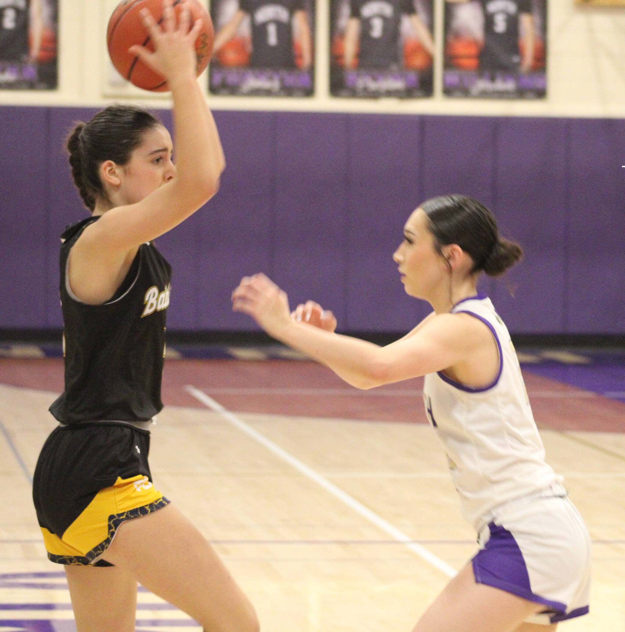 Luke Caputo/Kitsap News Group
Bainbridge sophomore Elsa Drugge inbounds the ball in a 67-35 win over the North Kitsap Vikings Jan. 14.