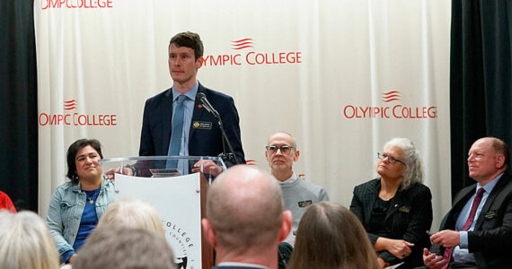 OC courtesy photo
State Rep. Greg Nance of the 23rd Legislative District speaks at the groundbreaking ceremony for the new health programs coming to Olympic College’s Poulsbo campus.